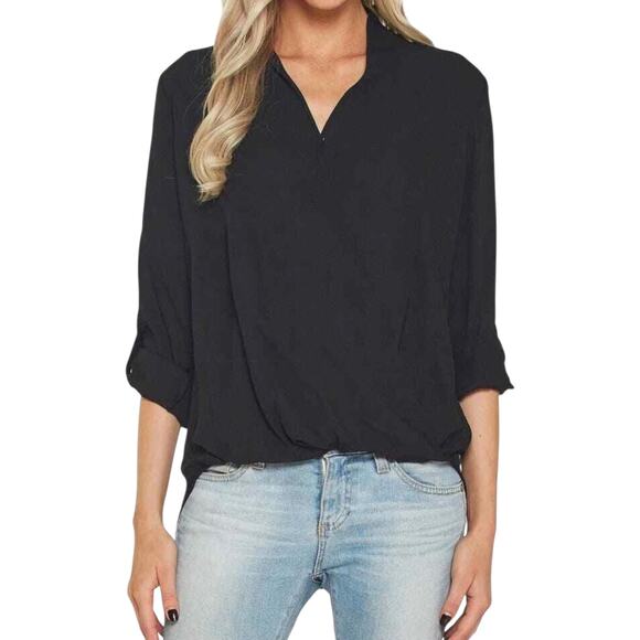Pleione Black Surplice Faux Wrap Top Long 3/4 Roll Tab Sleeves V Neck Medium - Picture 1 of 9